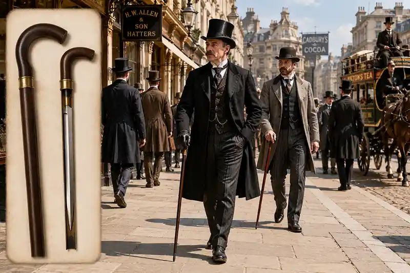 Victorian gentlemen carrying walking canes with a concealed sword cane blade shown in detail