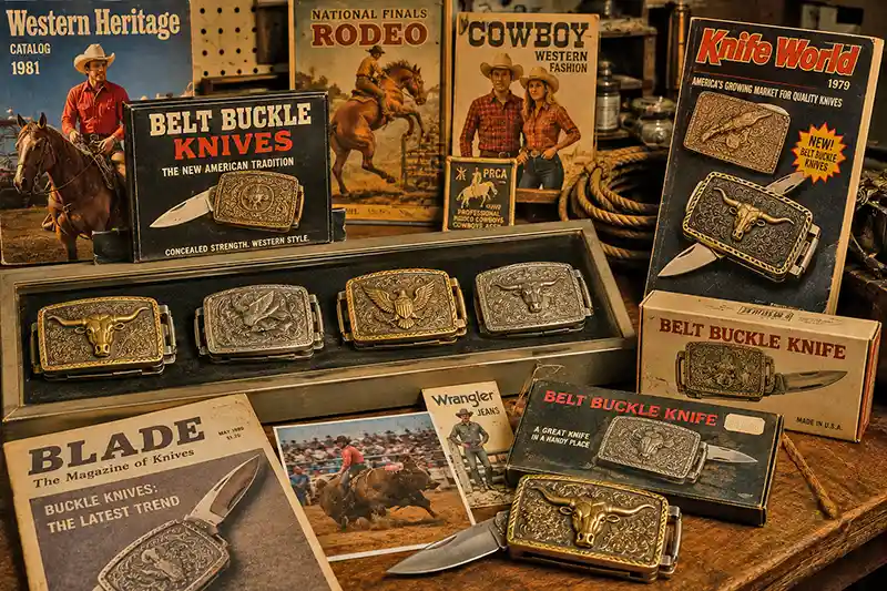 1980s display of belt buckle knives with vintage Western magazines, catalogs, and retail packaging.