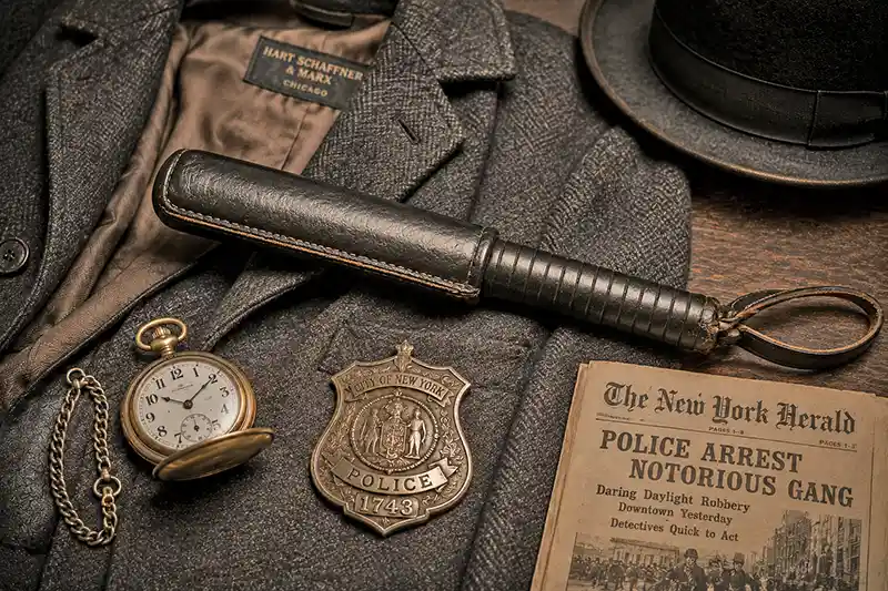 Antique leather blackjack with vintage police badge and pocket watch