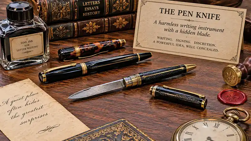 Antique pen knife with concealed blade and vintage writing accessories