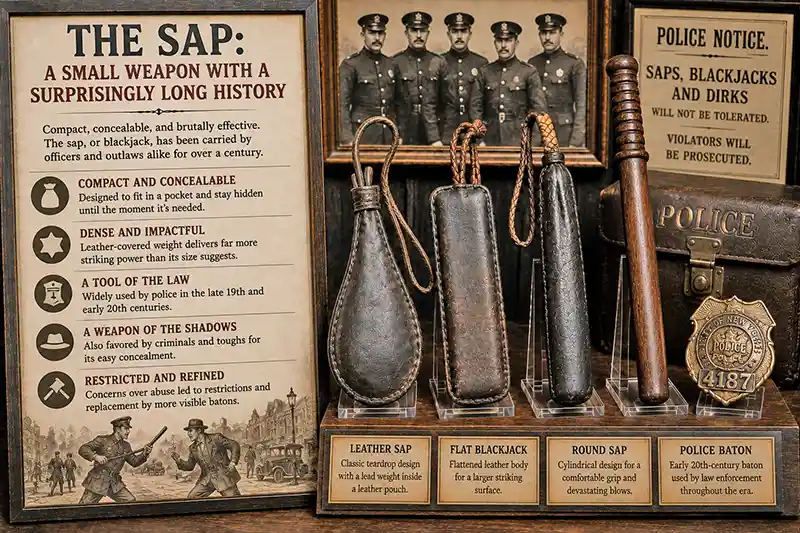Vintage leather saps, blackjack, and police baton on display