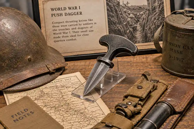 World War I push dagger displayed with a soldier's helmet and trench artifacts.