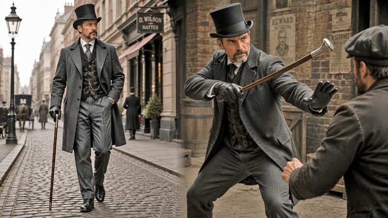Victorian gentleman carrying a walking cane beside the same cane used in a defensive stance