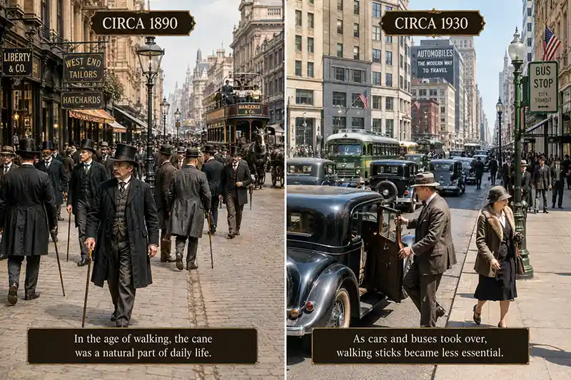 Victorian walking culture compared with the rise of automobiles and buses in the 1930s
