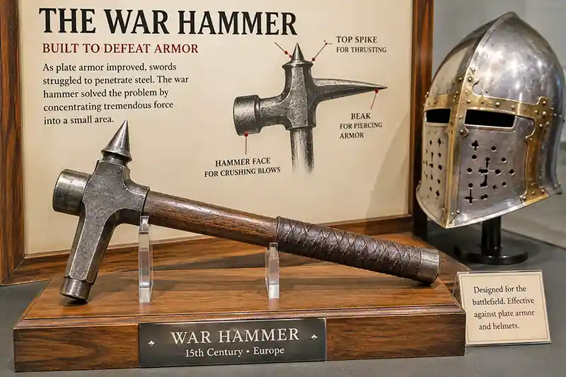 Medieval war hammer with armor-piercing beak and helmet display