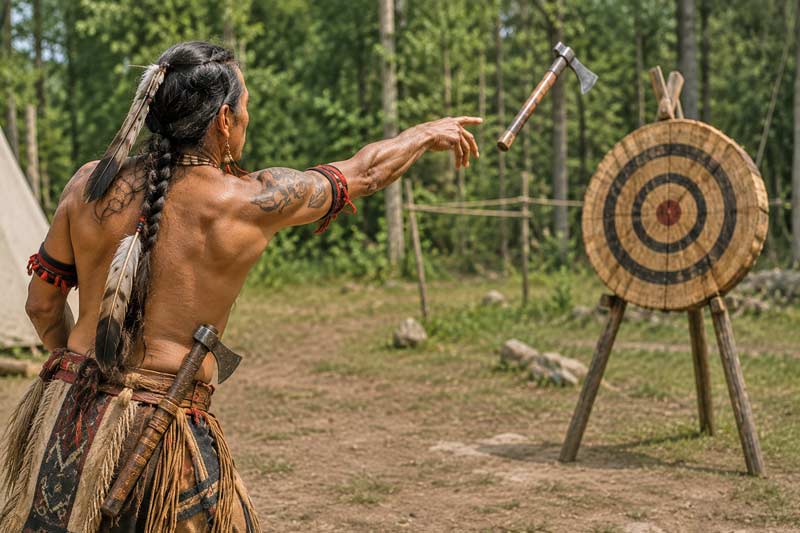 Native American man practicing tomahawk throwing at a wooden target.