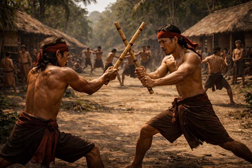 Filipino warriors training with rattan Escrima sticks.
