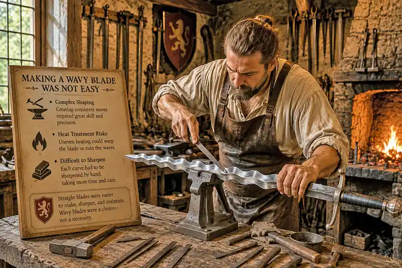 Swordsmith carefully shaping and sharpening a wavy flamberge blade