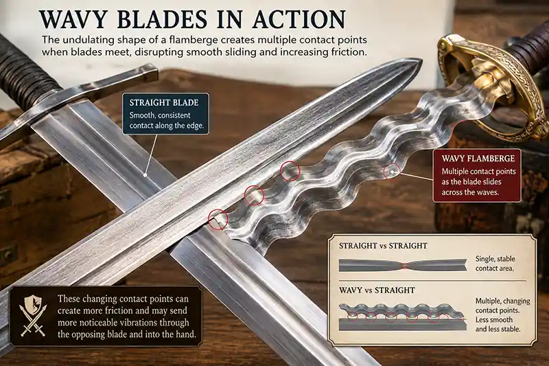 Wavy flamberge and straight sword blades showing different contact points