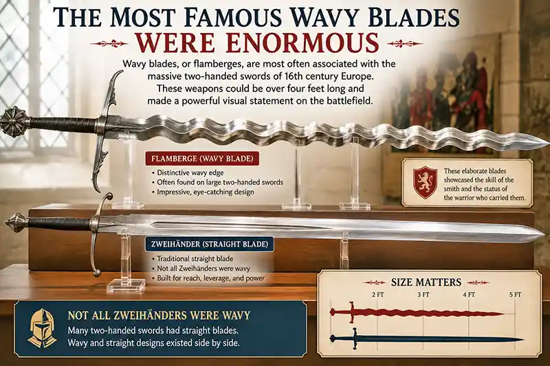 Flame-bladed flamberge compared with a straight Zweihander