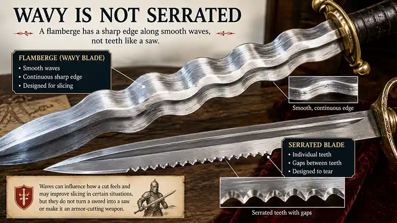 Wavy flamberge blade compared with a serrated blade
