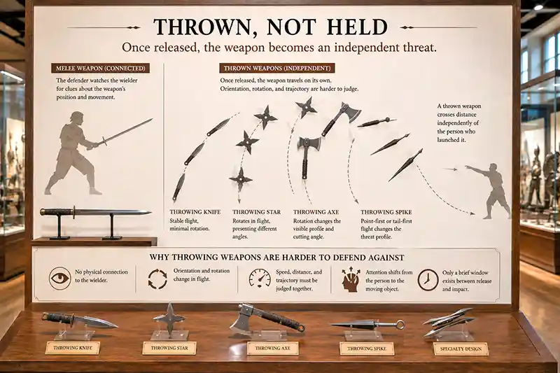 Throwing weapons displayed with different flight paths and orientations