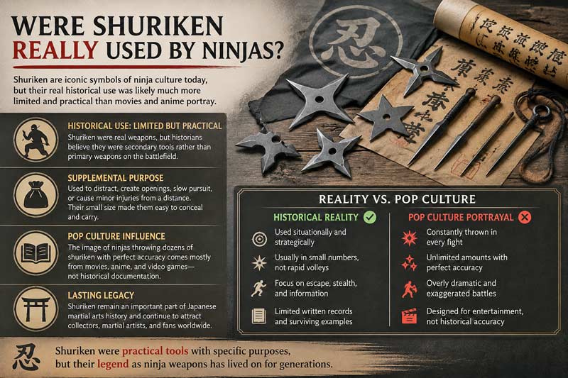 Infographic explaining the historical use of shuriken by ninjas and how modern pop culture exaggerated their role and effectiveness