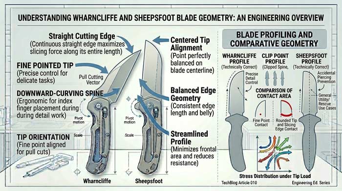 Infographic comparing Wharncliffe and sheepsfoot blade shapes with labeled diagrams showing edge geometry, spine curves, and tip designs