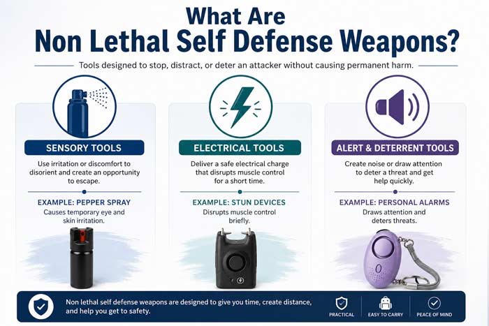 Infographic explaining types of non lethal self defense weapons including spray, stun devices, and alarms