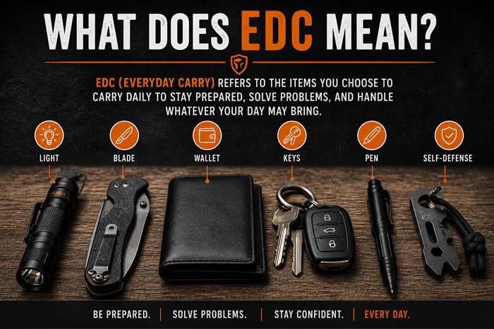 Everyday carry items including flashlight, folding knife, wallet, keys, pen, and multitool displayed with labeled infographic design