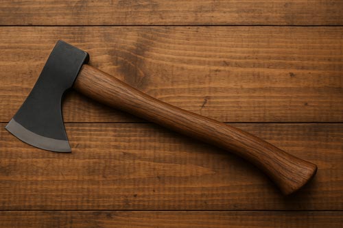 Close-up of a throwing axe laying on a table.