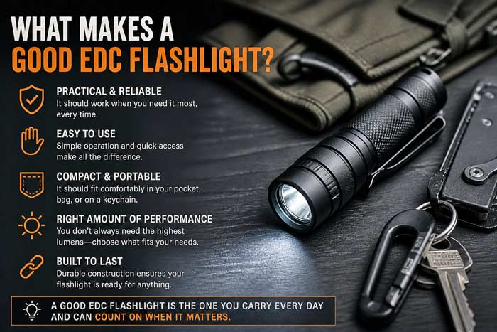 Infographic showing key features of a good EDC flashlight, including reliability, ease of use, portability, and performance
