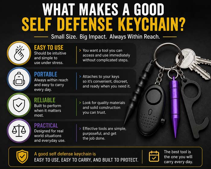 Infographic showing key features of a good self defense keychain, including ease of use, portability, reliability, and practicality