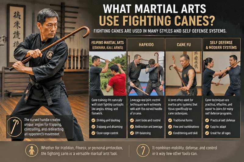 Martial artist demonstrating fighting cane techniques with examples of Filipino martial arts, Hapkido, and cane training systems