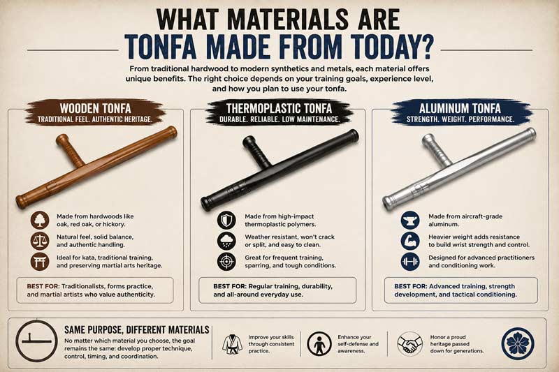 Tonfa materials comparison showing wooden, thermoplastic, and aluminum tonfa used in martial arts training