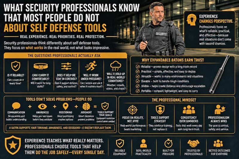 Security professional mindset and trusted self defense tools infographic