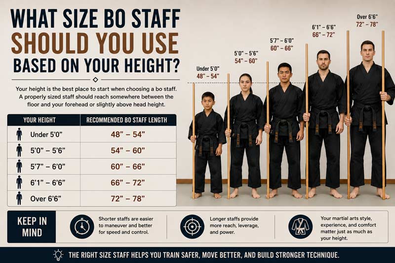 Bo staff sizing chart based on height showing recommended staff lengths for martial arts training