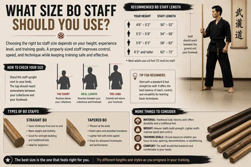Infographic explaining how to choose the right bo staff size based on height, training goals, and traditional staff styles