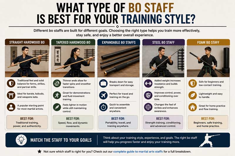 Types of bo staffs for different training styles including hardwood, tapered, expandable, steel, and beginner practice staffs