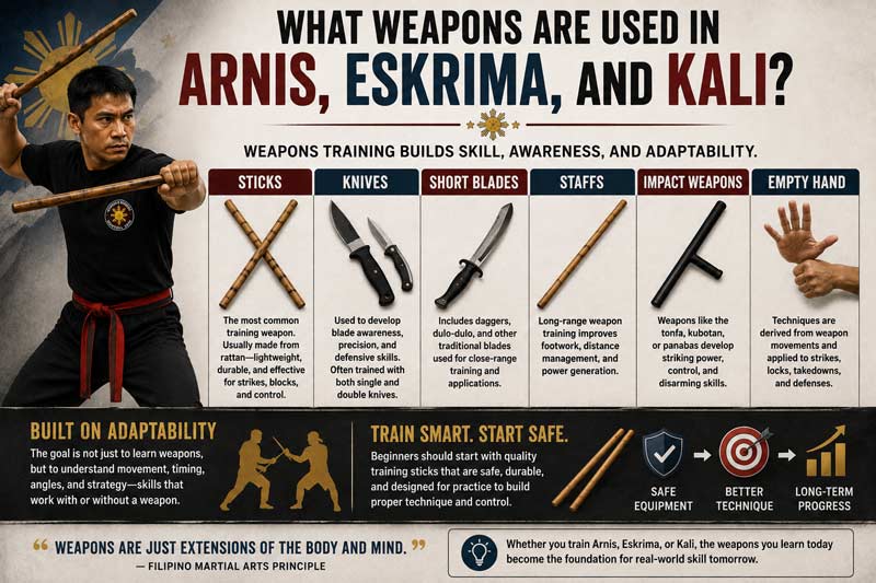 Weapons used in Arnis, Eskrima, and Kali including sticks, knives, and Filipino martial arts training tools
