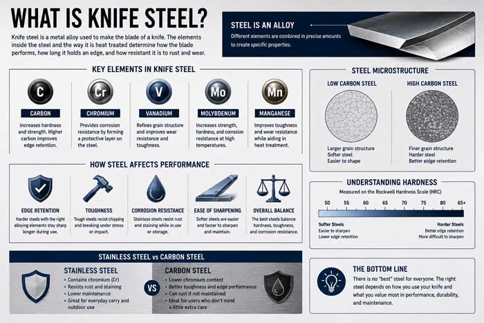 Infographic explaining knife steel composition, hardness, corrosion resistance, and edge retention using metallurgy diagrams and comparison charts