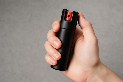 A hand holding a black pepper spray canister against a gray background.