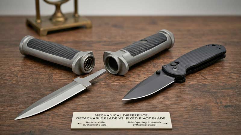 Ballistic knife with detached blade beside a standard automatic knife showing the difference in their mechanisms.