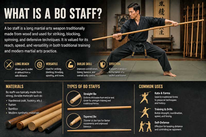 Infographic explaining what a bo staff is with examples of traditional wooden staffs, martial arts training, and common bo staff uses