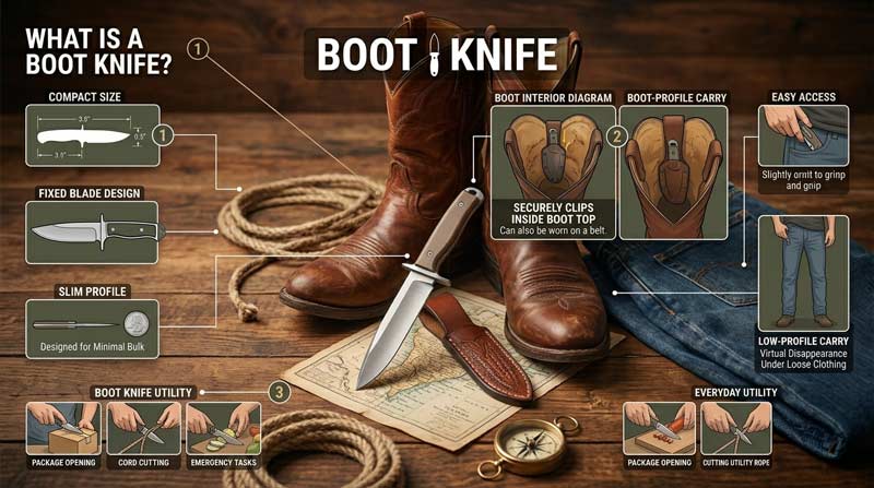 Infographic explaining what a boot knife is, showing a compact fixed blade knife with a leather sheath beside cowboy boots, highlighting features like slim profile, fixed blade design, lightweight carry, and low-profile accessibility in a rustic setting