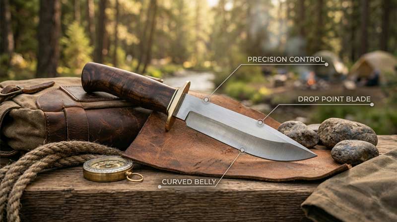 Hunting knife displayed outdoors with labeled infographic callouts highlighting drop point blade, curved belly, compact size, and precision cutting features