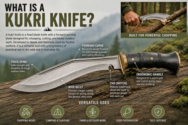 Infographic explaining the parts and uses of a kukri knife, showing a curved blade with labeled features like forward curve, thick spine, ergonomic handle, and chopping power outdoors