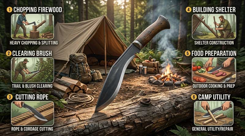 Infographic showing the outdoor uses of a kukri knife, including chopping wood, clearing brush, cutting rope, camp tasks, and food preparation outdoors