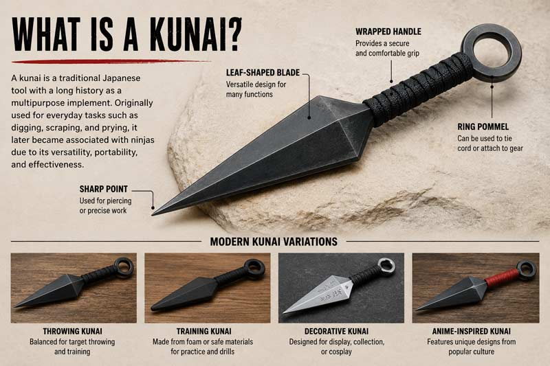 Infographic explaining the parts of a traditional kunai with examples of modern throwing and training kunai designs