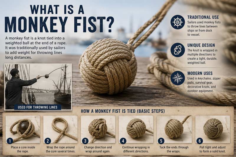 Infographic explaining what a monkey fist knot is, showing a large rope knot, maritime history, traditional sailing uses, and step-by-step knot tying illustrations