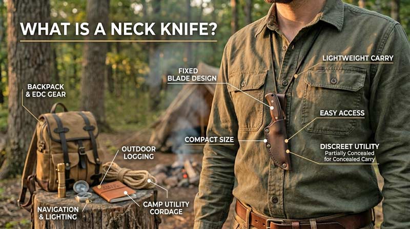 Infographic explaining what a neck knife is, showing a compact knife worn on a paracord necklace with labeled features like lightweight carry, discreet access, fixed blade design, and everyday utility outdoors