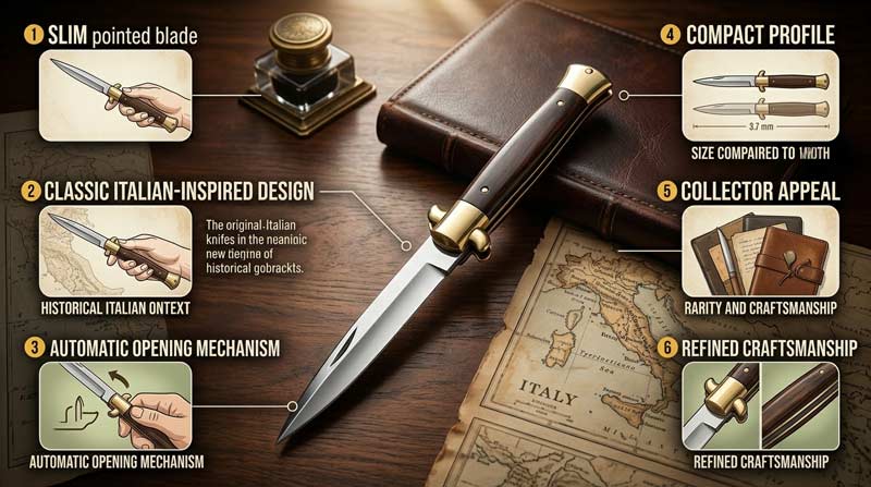 Infographic explaining what a stiletto knife is, showing a classic slim-bladed Italian-style stiletto with labeled features like narrow blade design, automatic opening, compact profile, and collector appeal on a vintage-inspired background