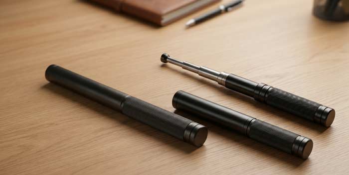 Telescoping baton shown collapsed and extended in a clean educational product display