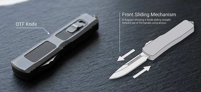 Infographic showing a closed OTF knife with a diagram illustrating the blade sliding out from the front of the handle