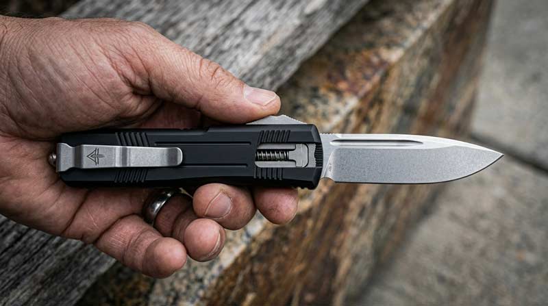 OTF knife partially deployed from the front of the handle while being held outdoors, showing the thumb slide mechanism in use