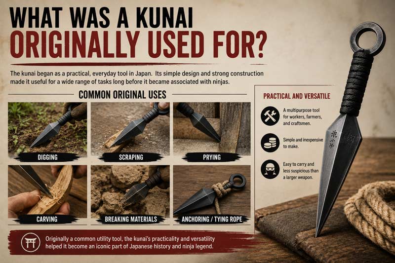 Infographic showing the original uses of a traditional kunai tool including digging, scraping, prying, carving, and rope anchoring