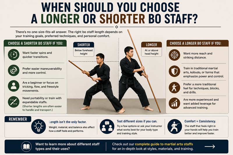 Choosing a longer or shorter bo staff based on training style, reach, control, and martial arts experience