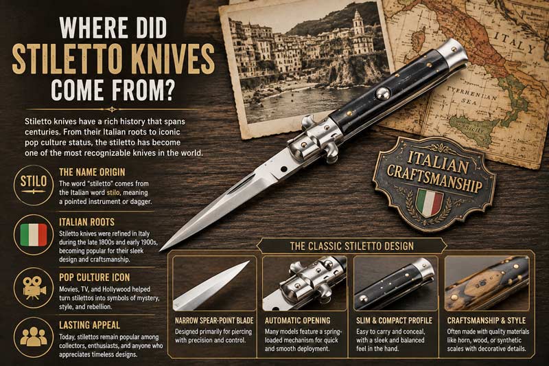 Infographic explaining the origins of stiletto knives, showing Italian roots, classic spear-point blade design, automatic opening mechanism, pop culture influence, and traditional craftsmanship with vintage Italian imagery