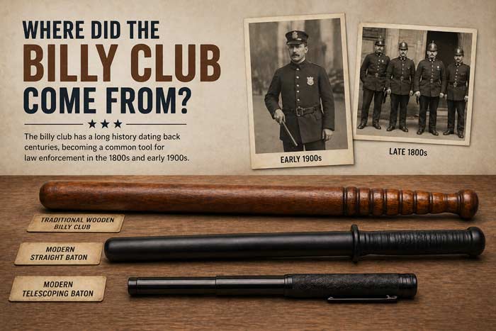 Infographic showing history of the billy club with vintage police images and comparison of traditional and modern baton designs