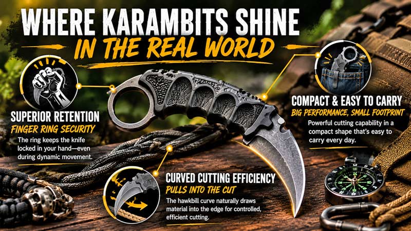 Karambit knife advantages infographic showing retention, compact carry, and cutting efficiency.